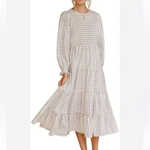 Zesica Women’s Striped Plaid Maxi Dress High Elastic Waist Long Sleeve  Size L